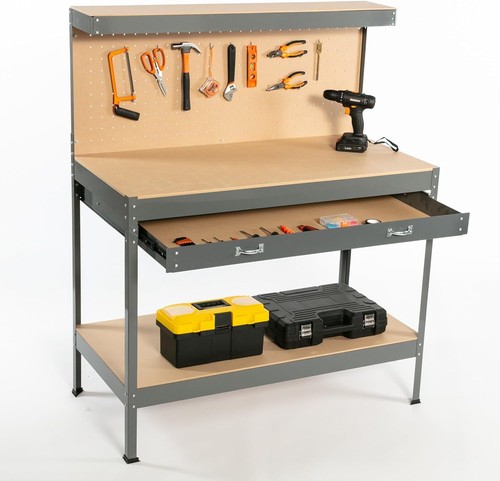 Grey steel garage - grey, bench