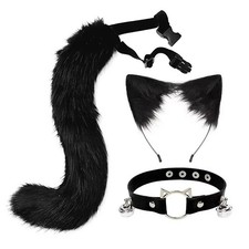Faux Fur Fox Wolf Ears Headband Furry Long Tail Anime Cosplay Halloween Costume