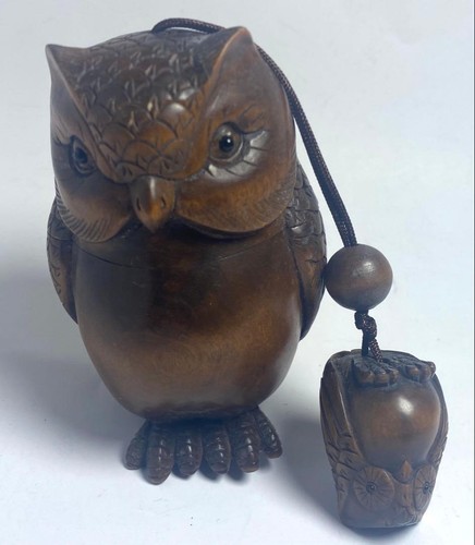 Inro owl netsuke box wood - owl,