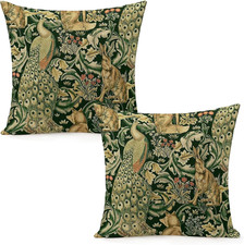 Set of 2 William Morris Pillow Covers, Green Forest, Animals, Peacocks, Fox, Har