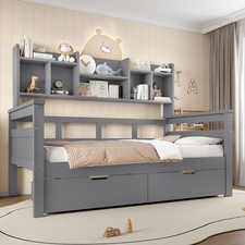 Daybed Grey 3ft Single Platform Bed Frame with 2 Storage Drawers, Side Bookcase