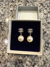 CHANEL Pearl Earrings Silver