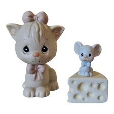 1990 Precious Moments NOT A CREATURE WAS STIRIING 2 Pc Set Cat Mouse Cheese 