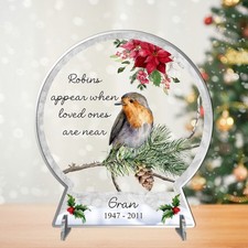 Acrylic Personalised Bereavement Robin Christmas Snow Globe Sign on Stands Gift