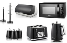 Swan Elegance Black Kettle Toaster Microwave & Matching Kitchen Storage Set of 9