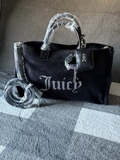 Black Velour Juicy Couture Iris Large Tote Bag. Rhinestone Logo & Pouch Y2K New