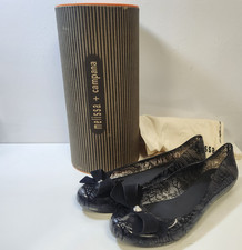 (NEW) Melissa Campana Slip On Jelly Ballet Flats With Bow - Black Lace