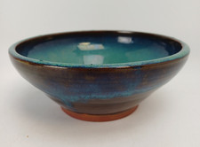 Vintage Studio Art Pottery Ceramic Bowl Drip Glaze Green Blue Brown Signed EEK