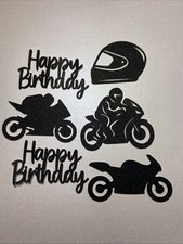 6 MOTORBIKE THEMED BIRTHDAY CUPCAKE CARD BENTO TOPPERS GLITTER CARD 