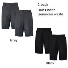 2 Pack Boys Plus Size School Half Elasticated Generous Waist Sturdy Fit Shorts