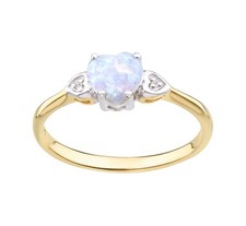 9ct Yellow Gold on Silver Natural Opal & Diamond Heart Trilogy Ring sizes J - V