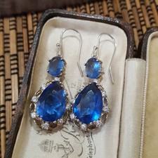 Qvc 925 Sterling Silver Earrings, Sparkly Simulated Sapphire, Victorian Style 