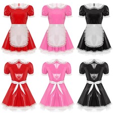Women's French Maid Cosplay Outfits Shiny PVC Leather Dress with Apron Clubwear