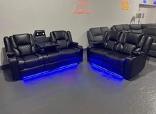 Electric Recliner Orlando 3+2 Sofa Set in Black Aire Leather | USB | Cup Holder