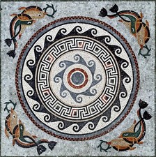 Handmade Roman-Inspired Dolphins With Patterned Medallion Mosaic Tile