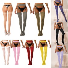 Women Glossy Thigh High Stocking Pantyhose Sheer Lace Garter Belt Hold-up Socks