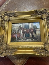 Antique Absolutely Beautiful Framed Oil On Board Painting Of Horse&dogs 30x25cm