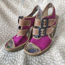 Fly London Womens Pink Brown Wedges Floral Footbed Buckle Detail Size UK 7