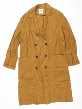 Zara Women’s Brown Linen Long Trench Coat Size 8 Buttoned Classic
