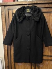 Hell Bunny Retro Vintage Style Black Wool Blend Faux Fur Collar Coat Size L