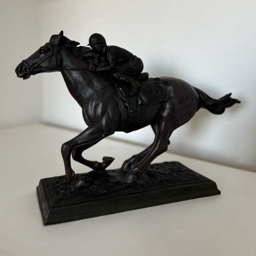 Black resin racehorse - racehorse, jockey