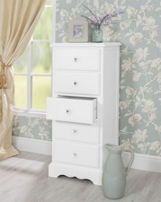 Romance Tallboy. White narrow chest with 5 drawers and crystal handles.ASSEMBLED