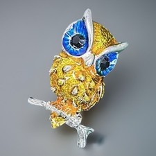 Enamel Owl Brooch Quirky Blue & Orange & Rhinestone Gold Tone Retro Style Cute