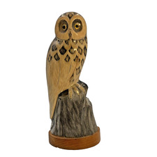 Owl Sculpture Contemporary Hand Carved Buffalo Horn Glass Eyes Teak MCM vtg ….