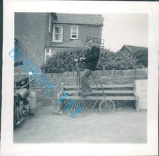 Man On Penny Farthing Bicycle In His Garden 1950's 2.5 x 2.5 Inches 