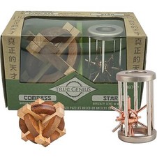 Brainteaser Puzzle Game 3D Wooden & Metal Challenge Chinese Compass & Star Set