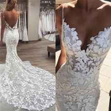 Boho Backless Spaghetti Strap Lace V Neck Mermaid Bridal Gown Wedding Dress