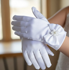 WHITE SATIN GLOVE WITH BOW PRETTY FIRST COMMUNION GIRL CHILDS DRESS/VEIL