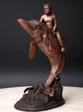 Bronze Boy Riding Dolphin Garden  Fountain Art Mythology Pump Included Free Ship