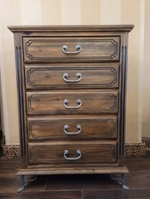 Ornate Carved Wood Dresser On Iron Feet. Country Pine Solid Wood Drawers