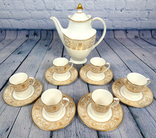 Royal Doulton Sovereign 6 Demitasse Porcelain Cups & Saucers & Coffee Pot - Gold