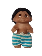 DAM Troll Baby, Standing , Black Hair, Striped Shorts, Vintage 1985, 3 inch tall
