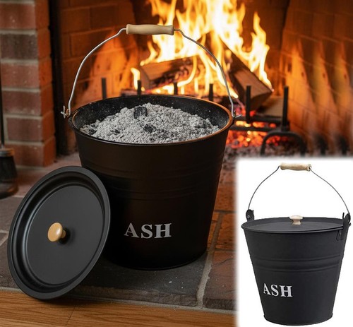 Metal ash bucket with - ash, lid