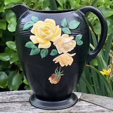 8” vtg 1930s floral Roses 'Brentleigh Ware—Kensington’ black Pitcher Jug / Vase