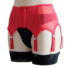 Luxallacki Red 6 Straps Suspender Belt Mesh Satin Waist Garter Girdle Nightwear