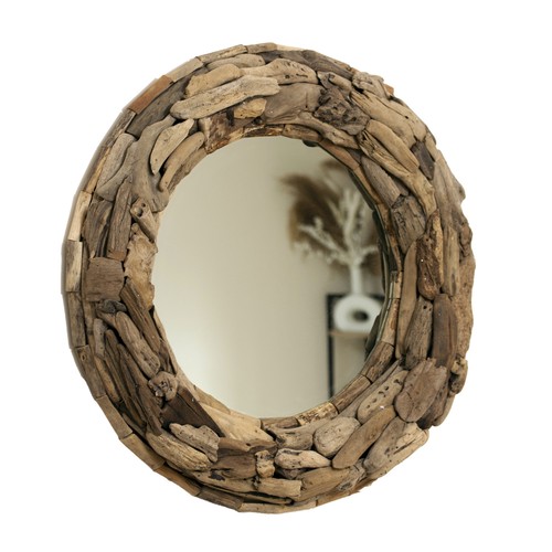 Teak root round wall mirror - teak,