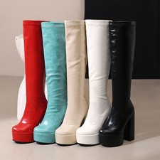 Women Gogo Boots Platform Chunky Block Heel Side Zipper Knee High Boots Shoes