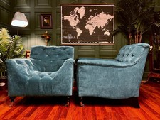 Pair Of Andrew Martin Armchairs Upholstered In Turquoise Blue Velvet 