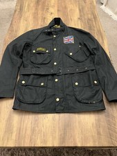 Mens black Barbour International SMU Union Jack Waxed Jacket. Medium, Belted.