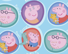 Aqua Blue Peppa Pig & Family 100% Cotton Fabric - HALF METER- 58" / 147cm Wide