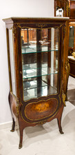 Antique French Marble-Top Vitrine Cabinet: Marquetry, Glass Sides, Cabriole Feet