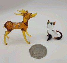 2 X Vintage Murano Miniature Glass Cat And Stag 