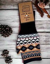JESS & LOU Black Nordic Fingerless Gloves Wrist Warmers Womens Ladies Girls Gift