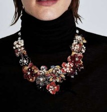 ZARA NECKLACE BEADED COLLAR FLOWER NECKLACE WITH RHINESTONES NEW