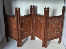 Vintage Hand-Carved Wood Folding Miniature Room Divider with Bird Motif Panels