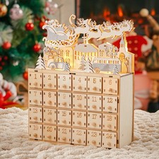 24 Drawer Countdown Wooden House Advent Calendar Christmas Xmas Santa LED Lights